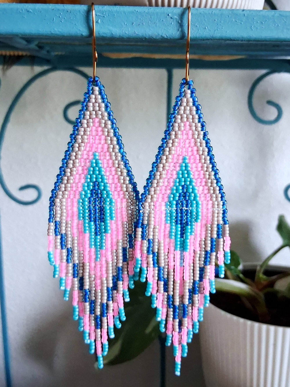 Boho Pink & Blue Seed Bead Fringe Earrings, 5.5" - Picture 5 of 8